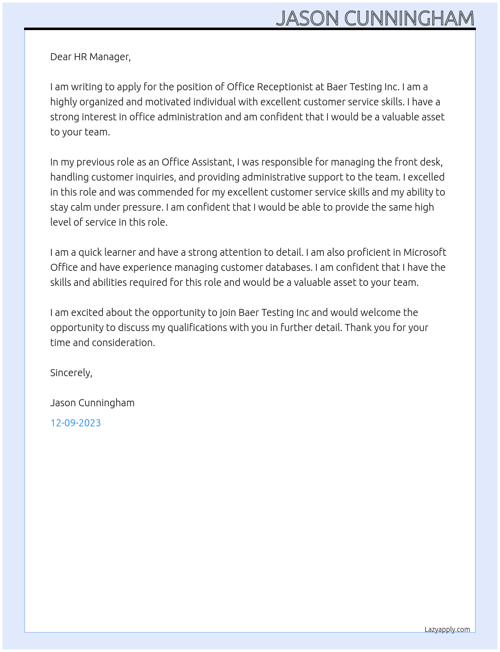 Office Receptionist At Baer Testing Inc Cover Letter