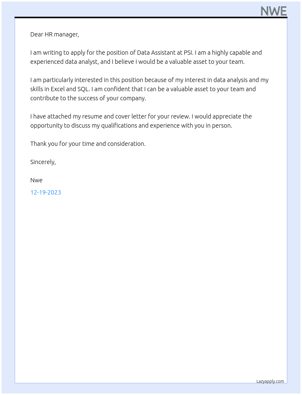 Data Assistant At PSI Cover Letter