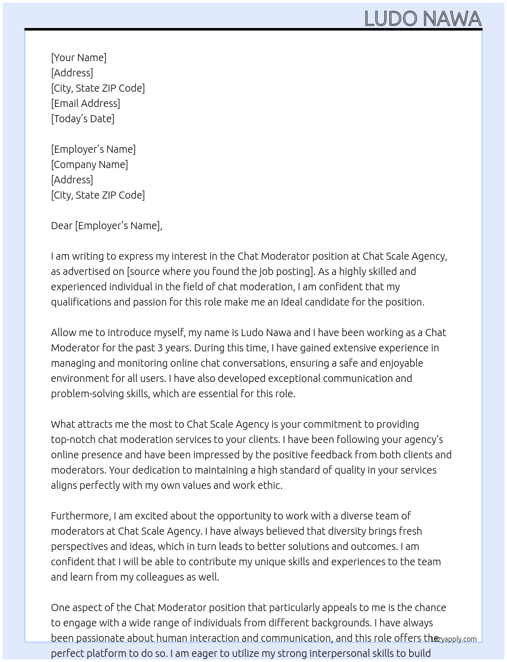 Chat moderator At chat scale agency Cover Letter