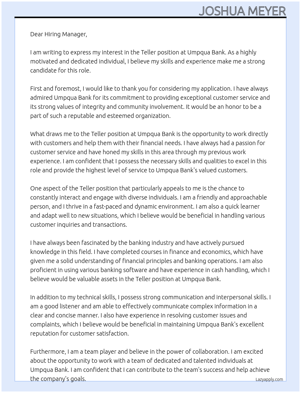 Teller At Umpqua Bank Cover Letter