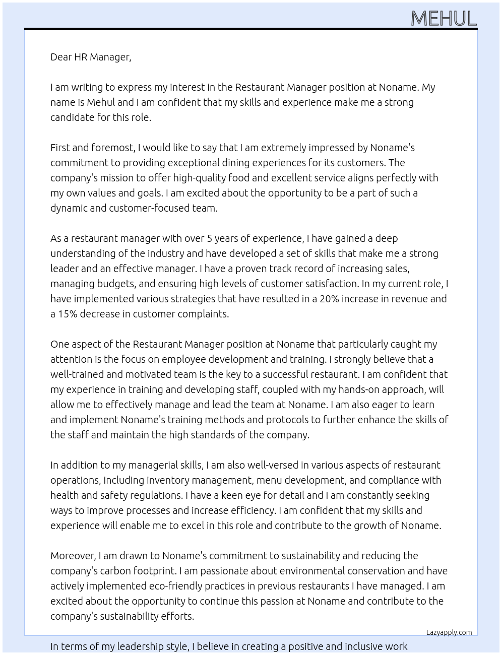 restaurant manager At noname Cover Letter