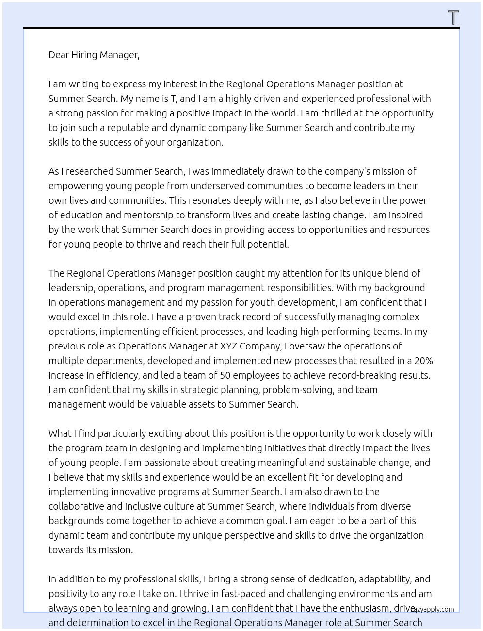 Regional Operations Manager At Summer Search Cover Letter