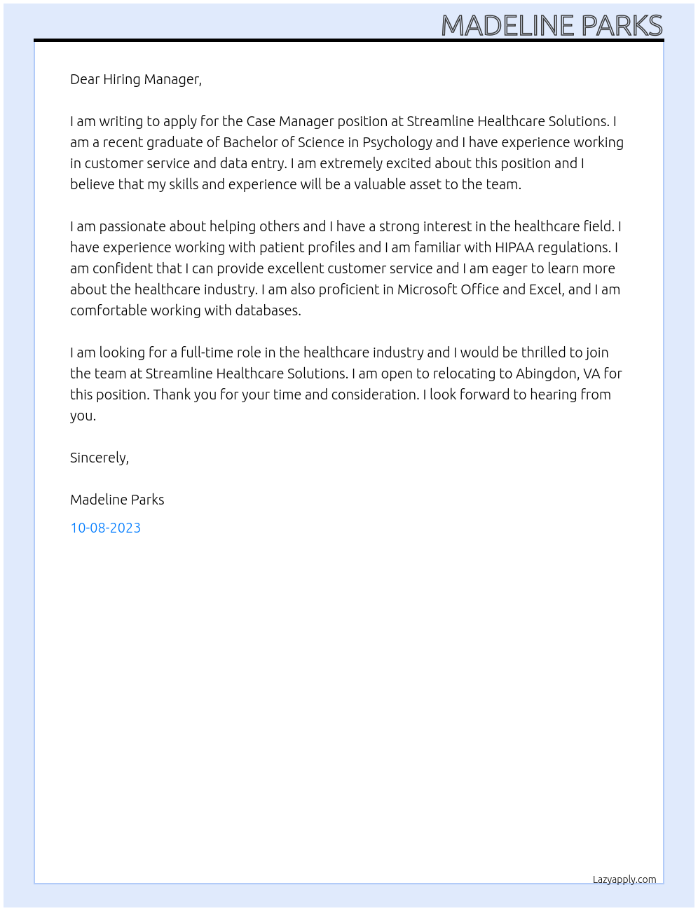 Case Manager At Streamline Healthcare Solutions Cover Letter