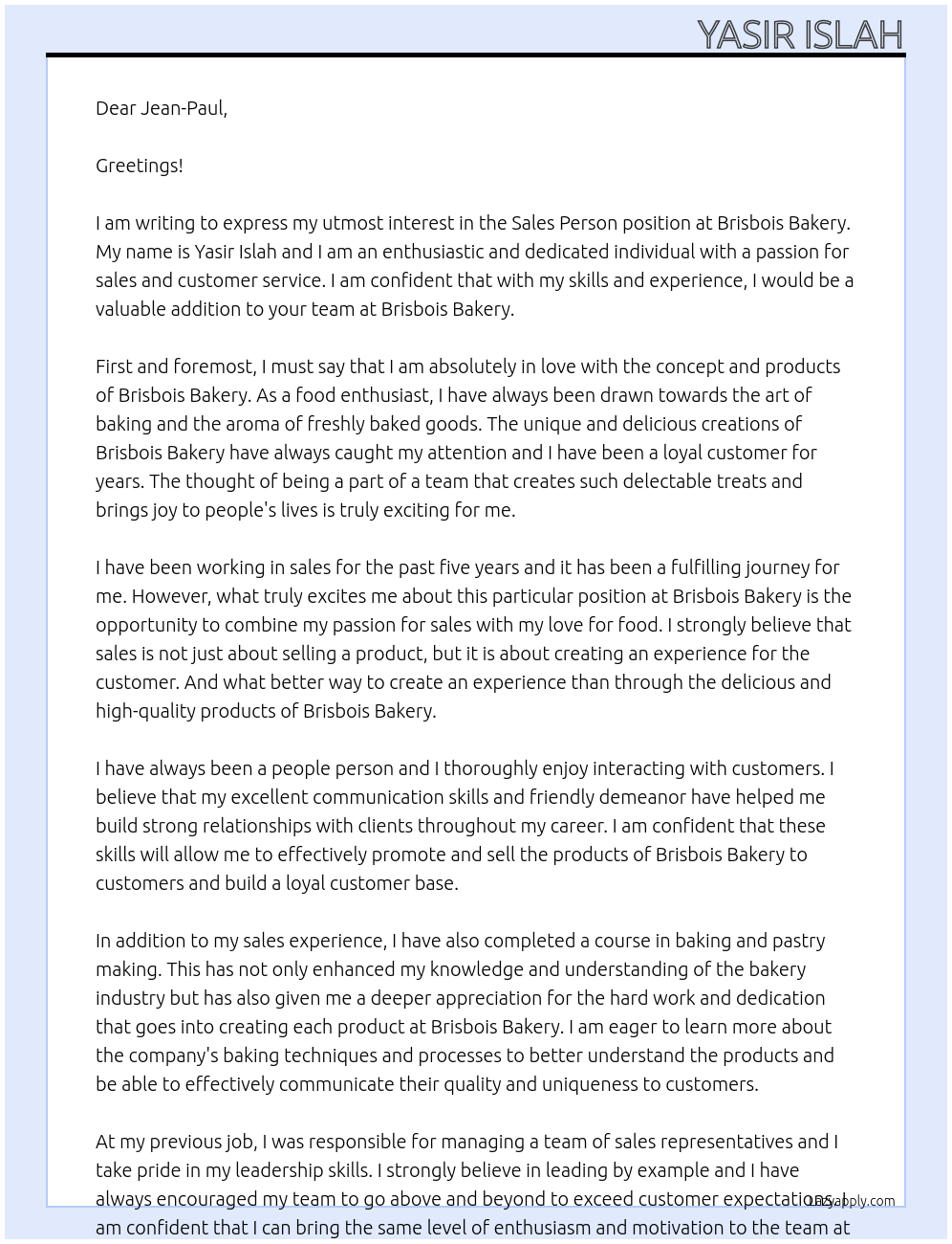 sales person At Brisbois Bakery Cover Letter