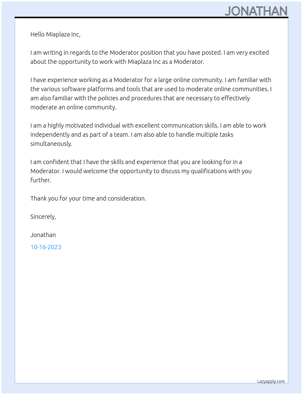 Moderator At Miaplaza Inc Cover Letter