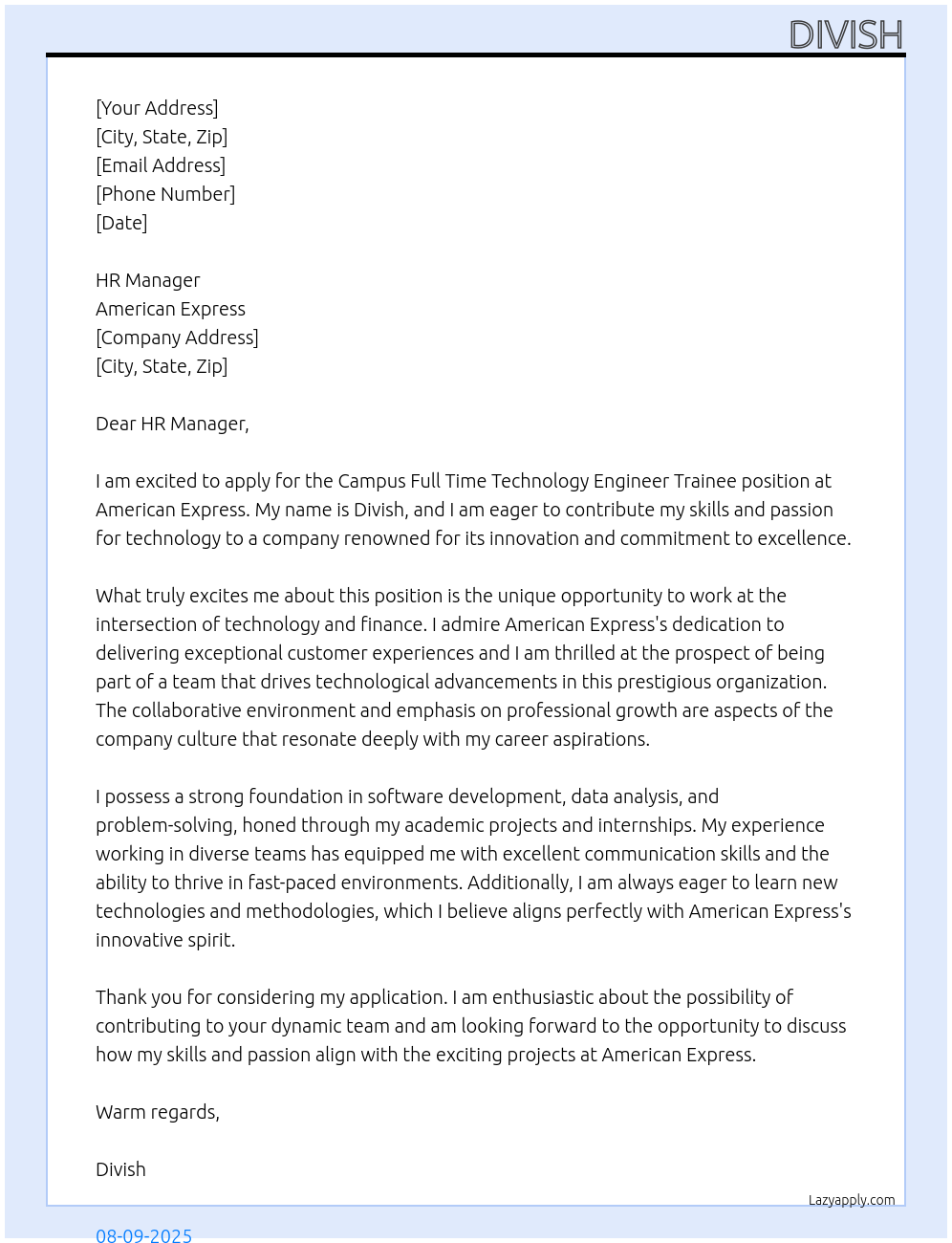 Campus Full Time Technology Engineer Trainee At American Express Cover Letter