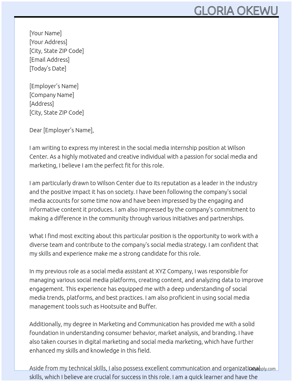 social media internship At Wilson center Cover Letter