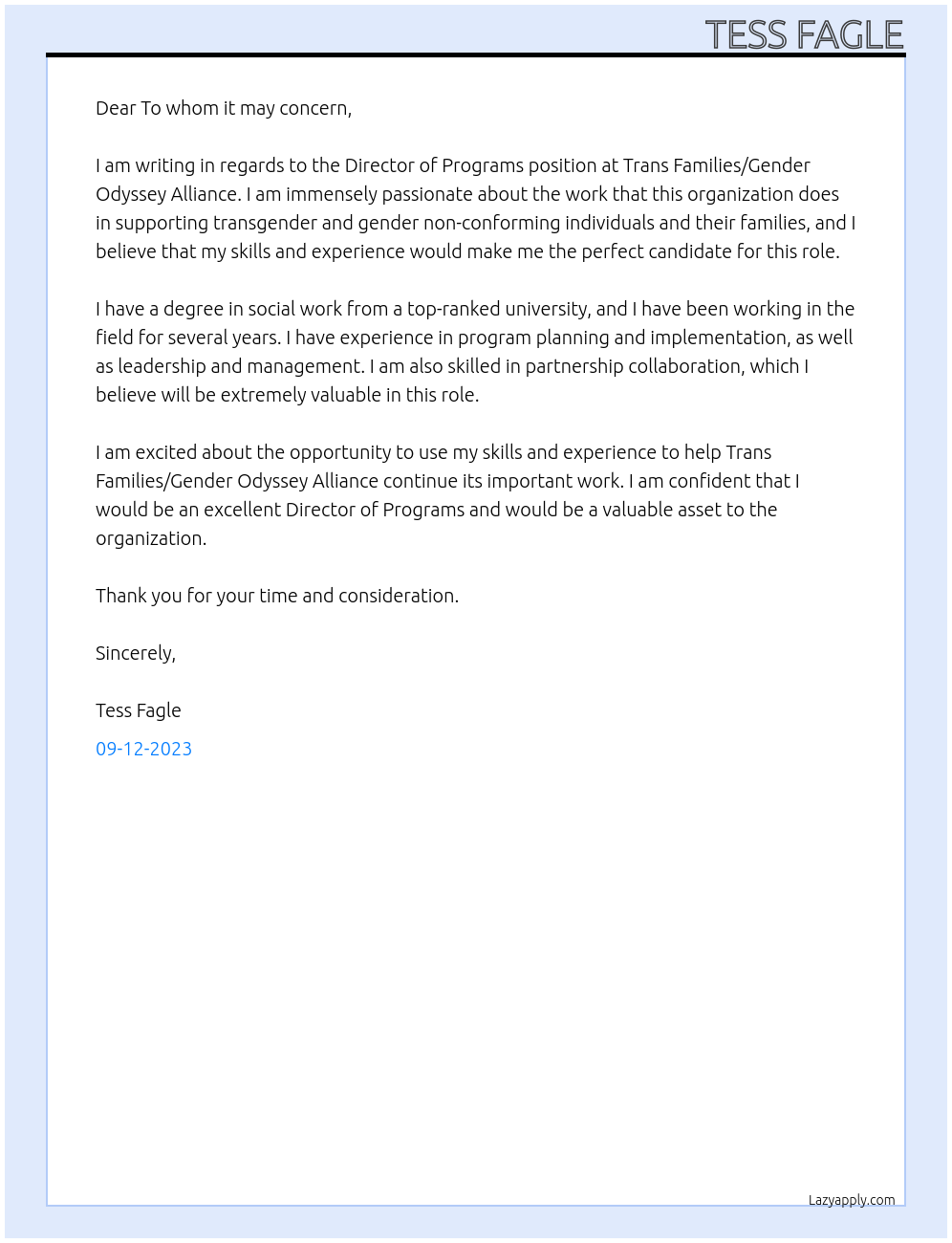 Director of Programs At Trans Families/ Gender Odyssey Alliance Cover Letter