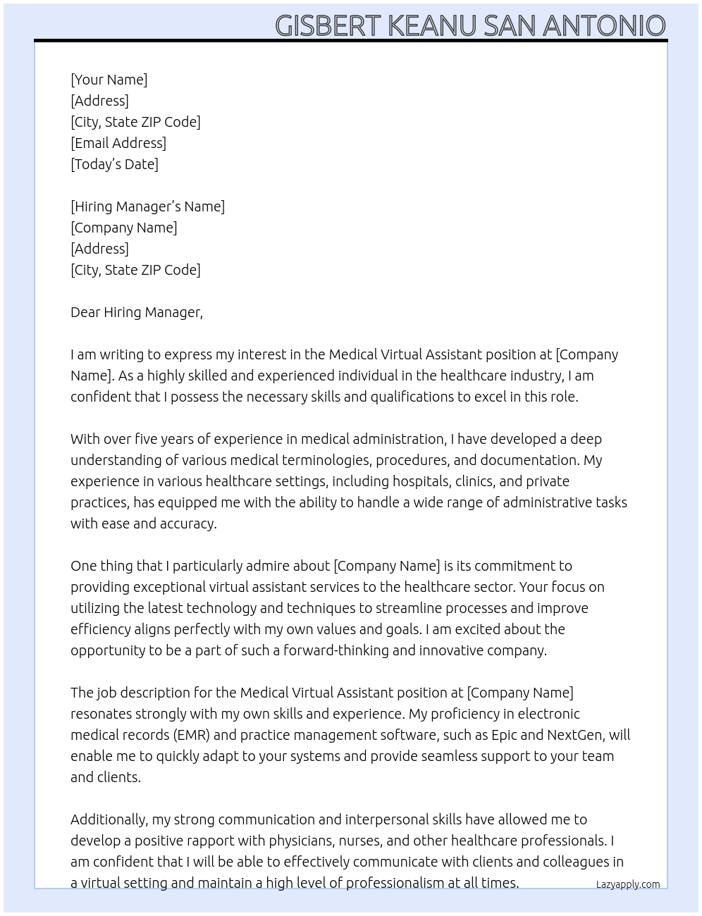 Medical At Virtual Assistant Cover Letter