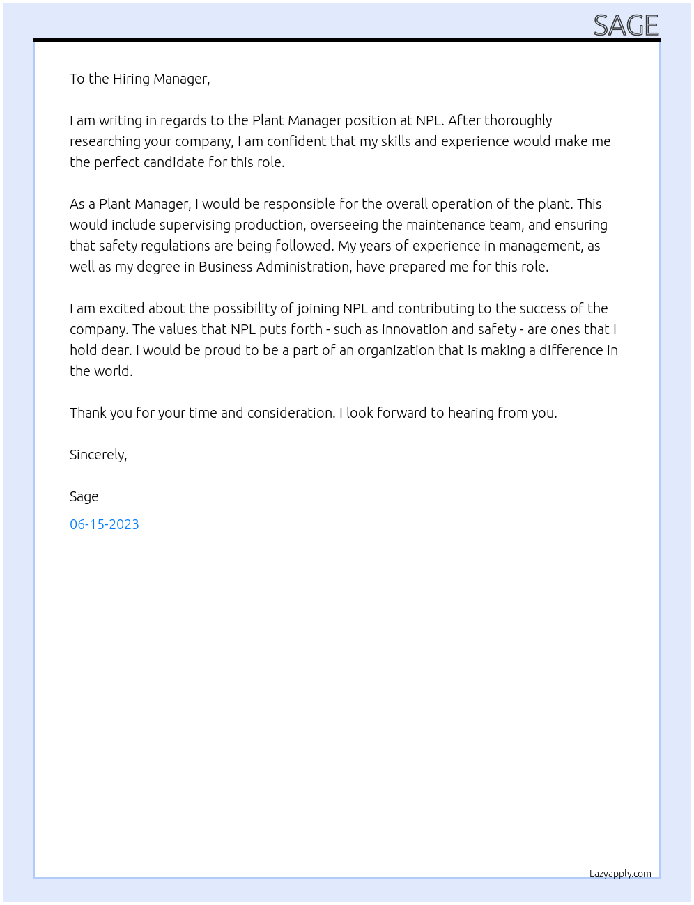 Plant manager  At NPL  Cover Letter