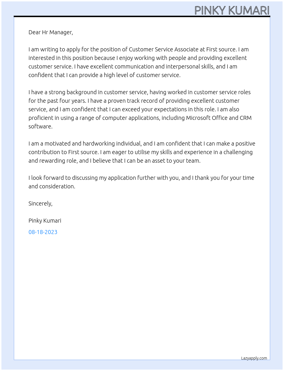 Customer Service Associate At First source Cover Letter