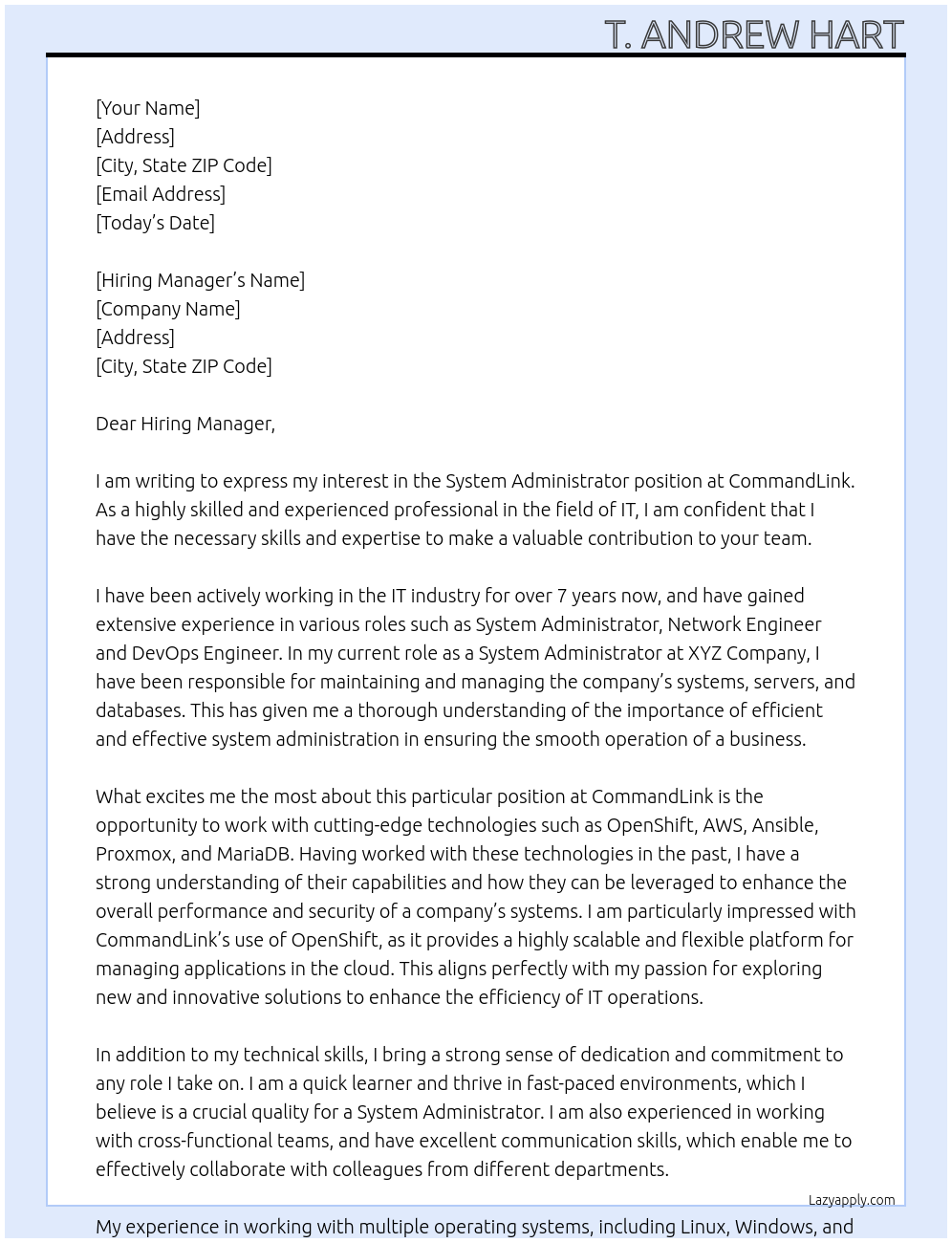 System Administrator At CommandLink Cover Letter