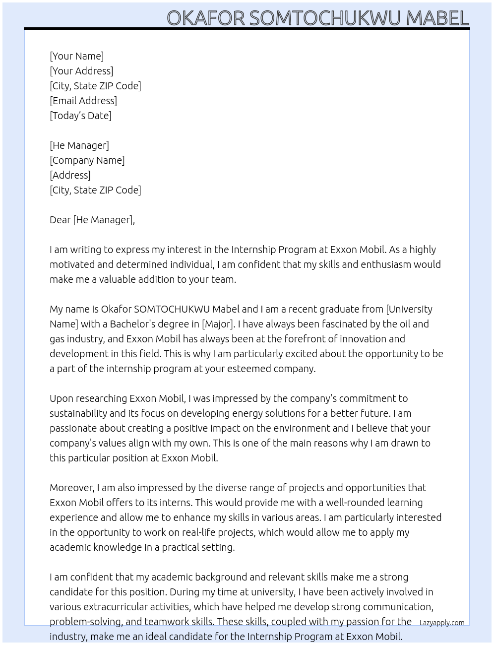 Internship program At Exxon mobil Cover Letter