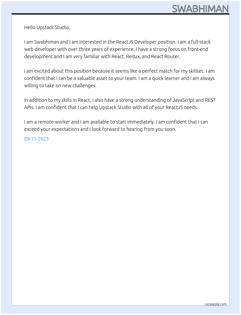 ReactJS Developer At Upstack Studio Cover Letter