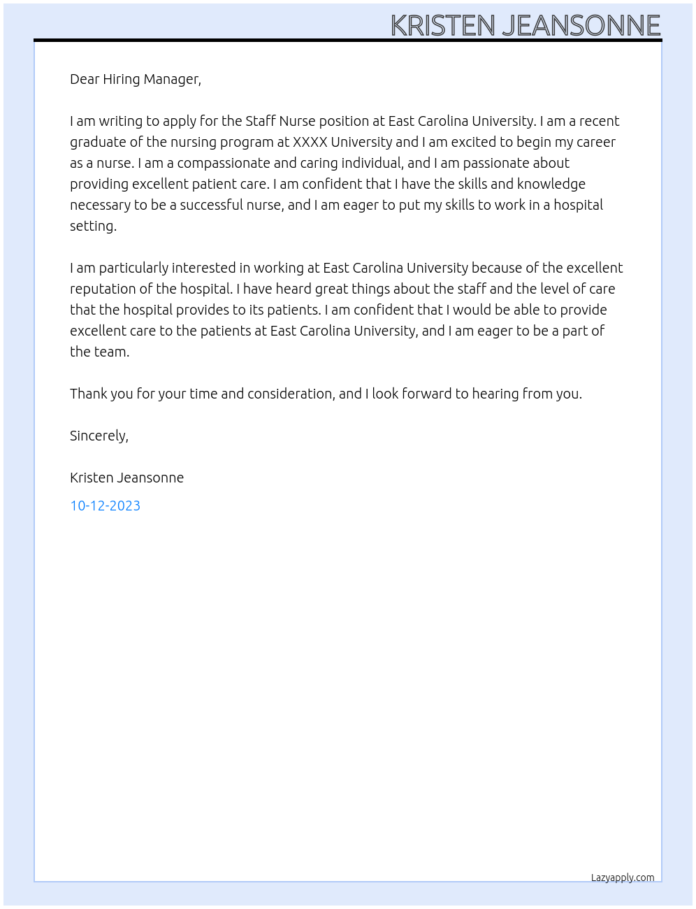 Staff Nurse At East Carolina University Cover Letter