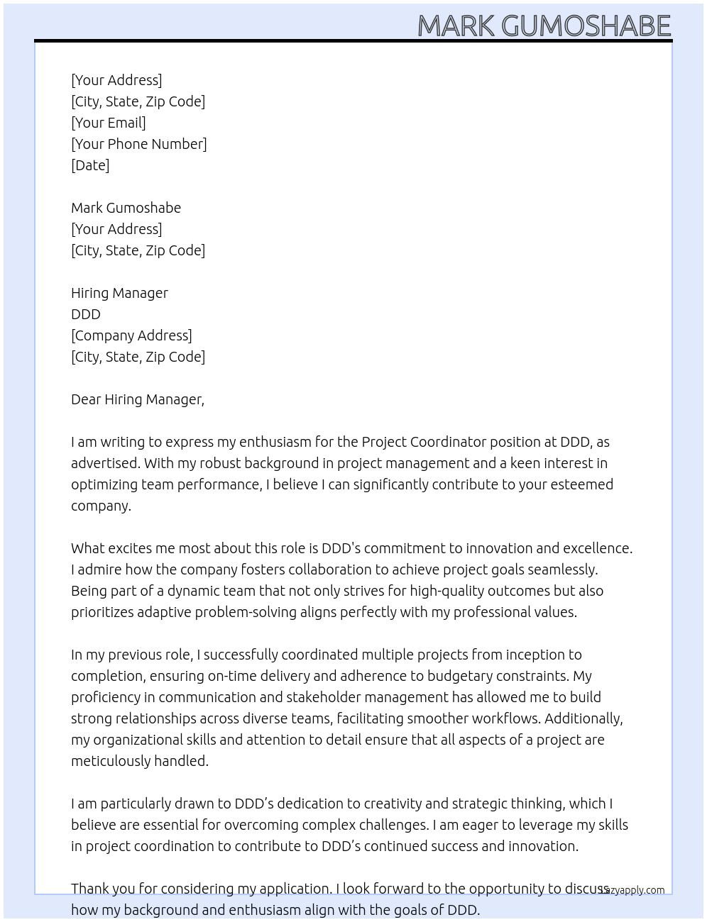 project coordinator At ddd Cover Letter