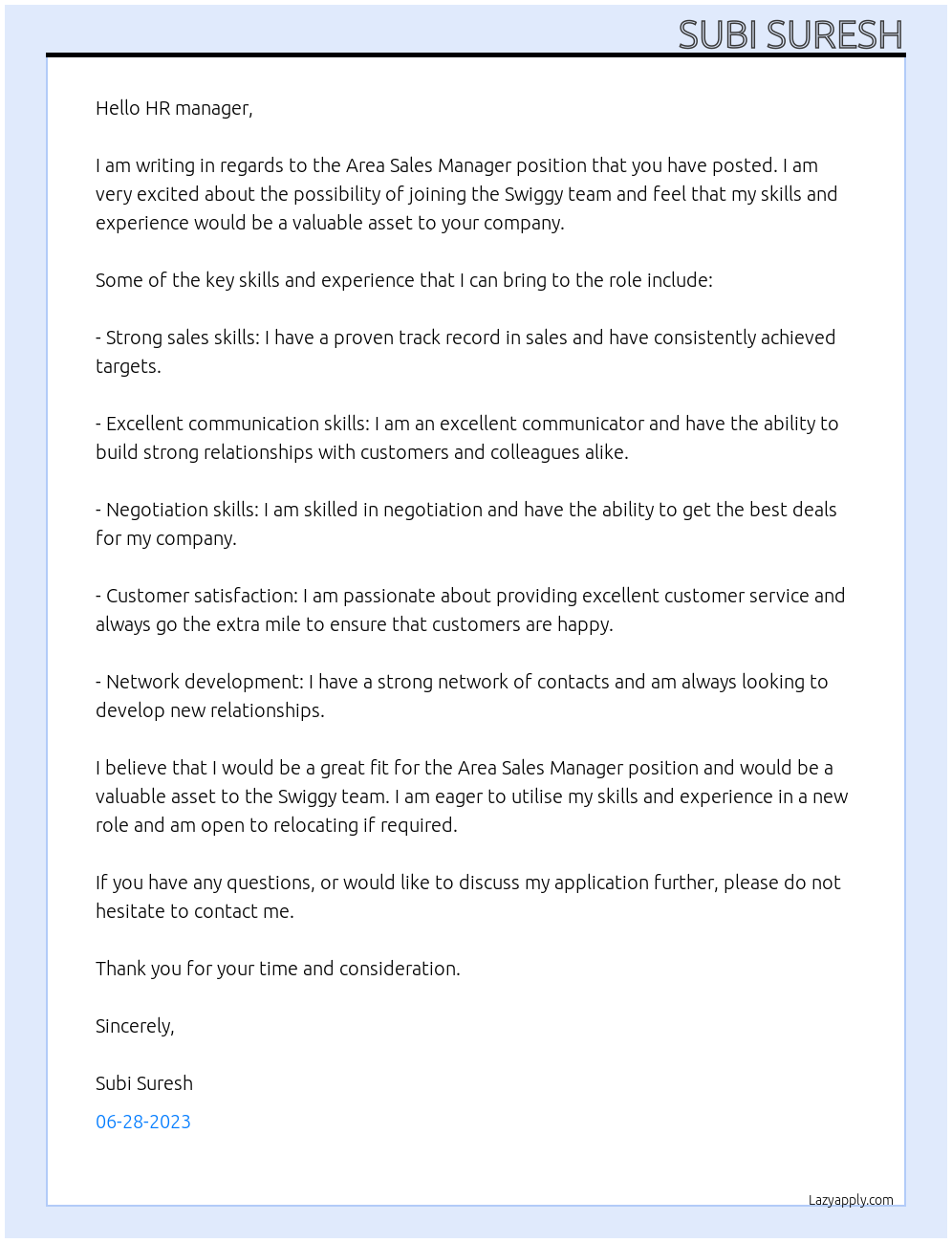 Area Sales Manager At Swiggy Cover Letter