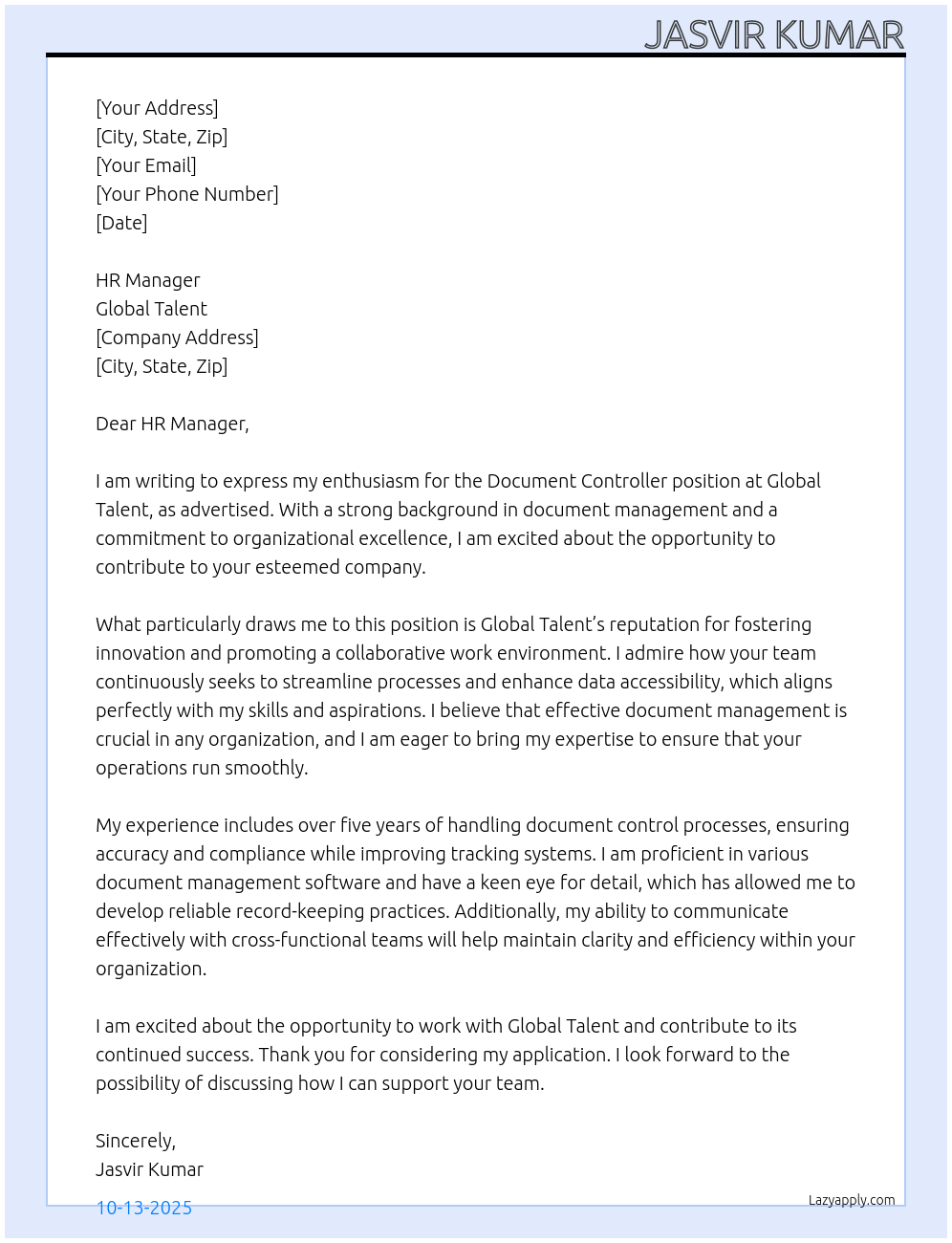 Cover letter for document controller - LazyApply