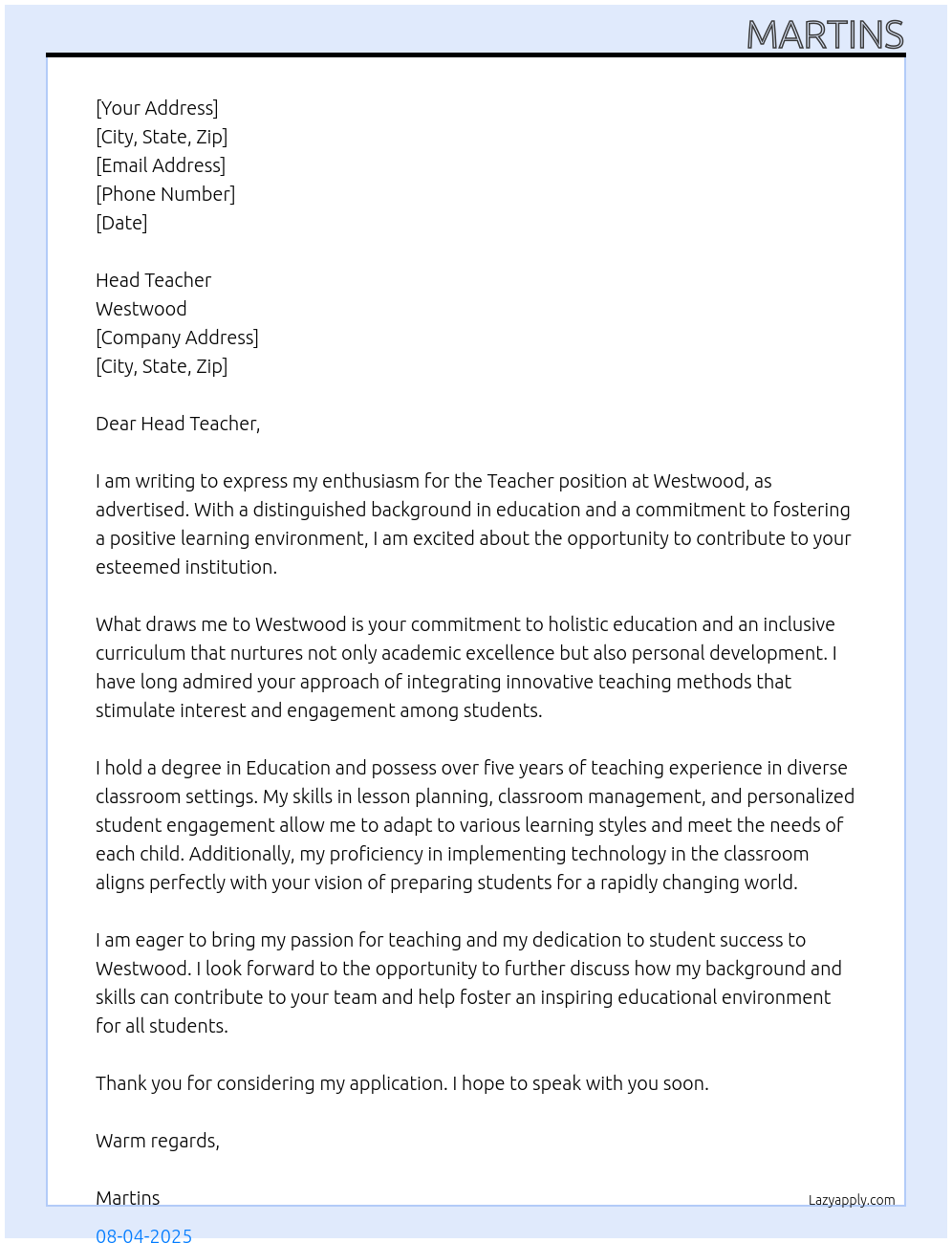 Teacher At Westwood Cover Letter