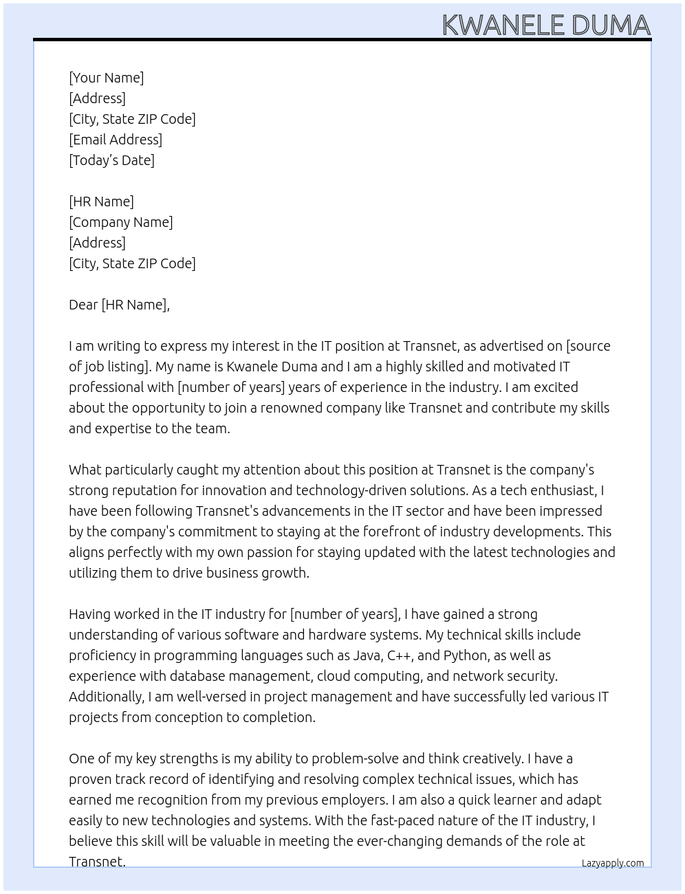 IT At Transnet Cover Letter