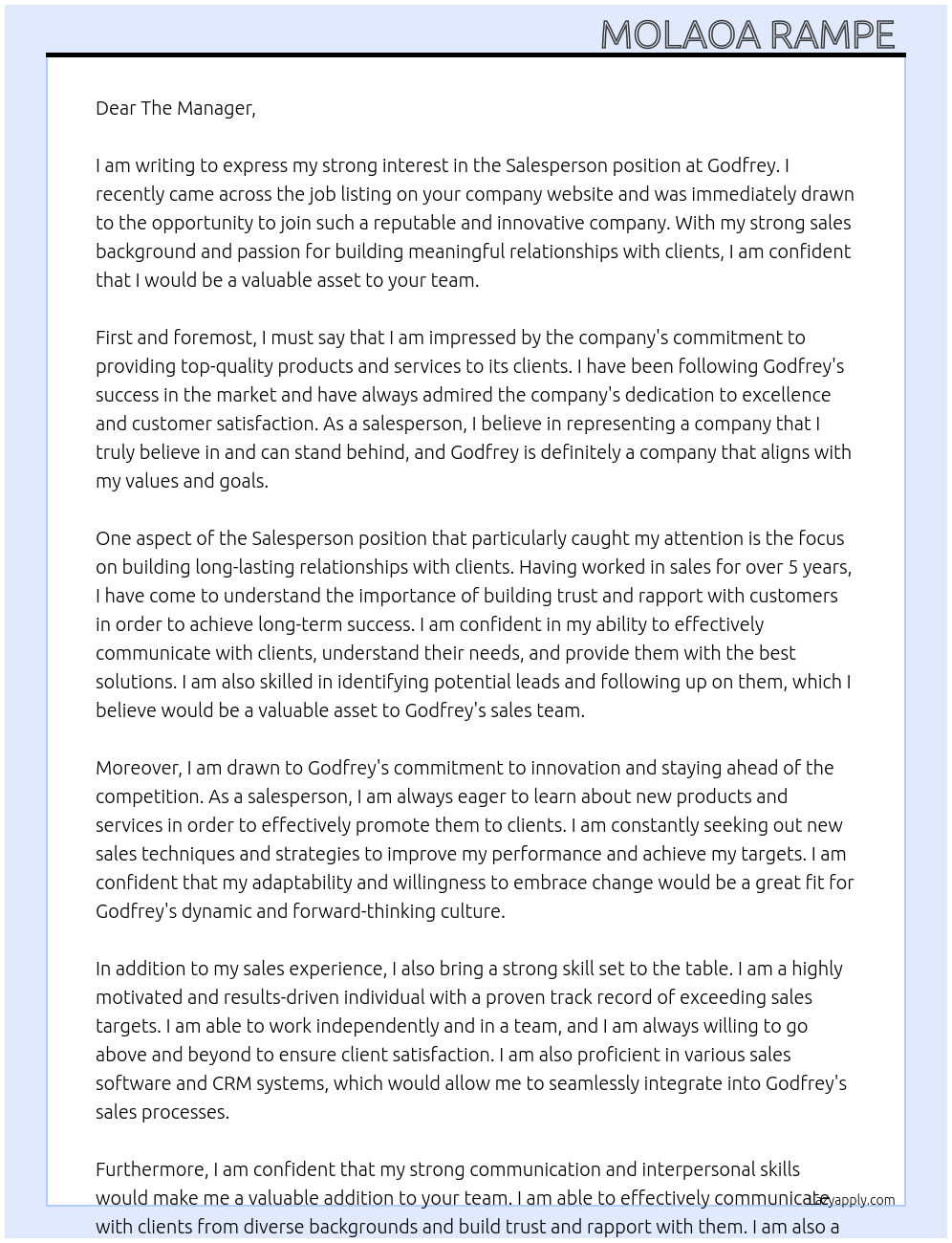 Sales person At Godfrey Cover Letter