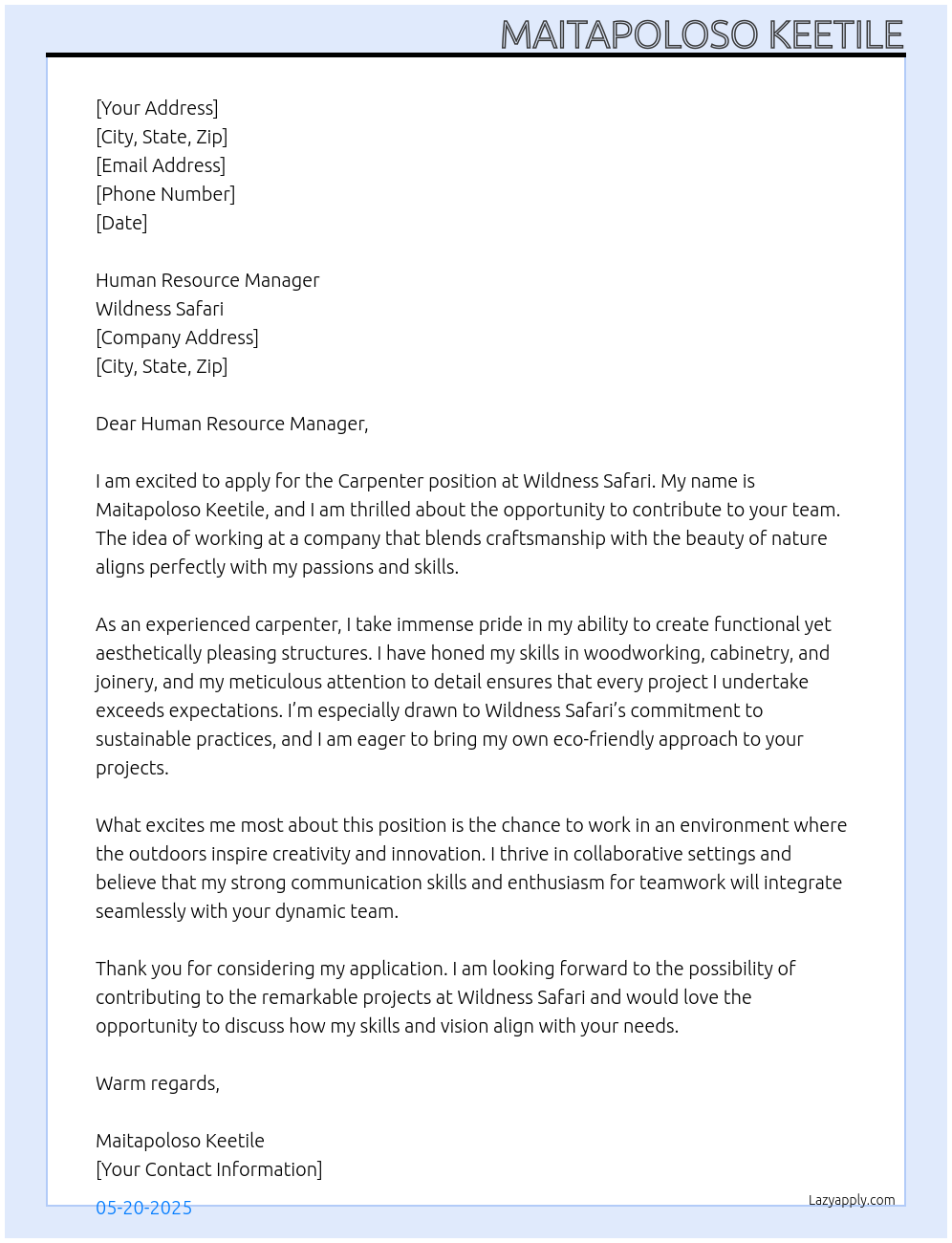 carpenter At WILDNESS SAFARI Cover Letter