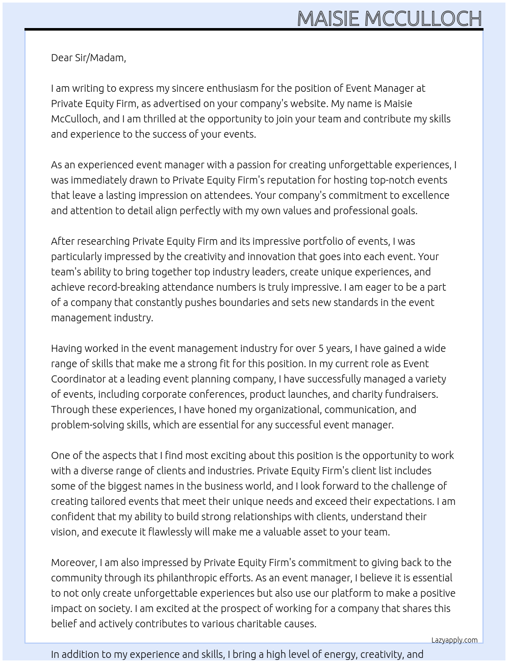 Event Manager At Private Equity Firm Cover Letter