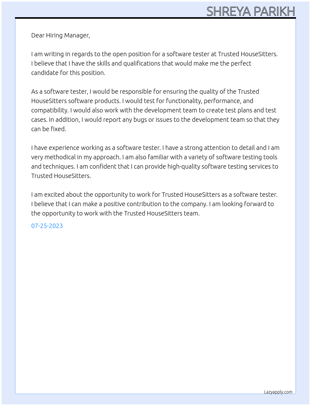 Software tester At Trusted HouseSitters Cover Letter