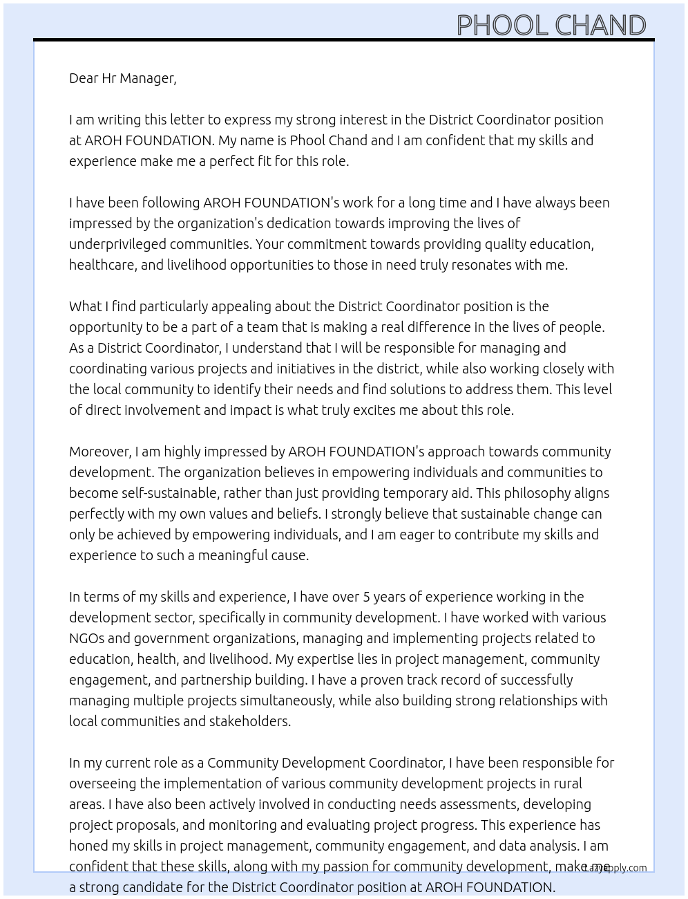 District coordinator At AROH FOUNDATION Cover Letter