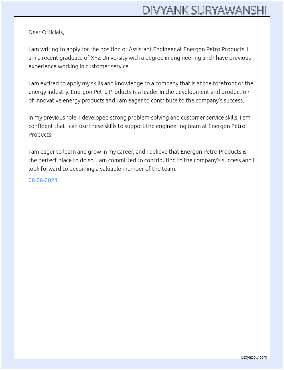 Assistant engineer At Energon petro products Cover Letter