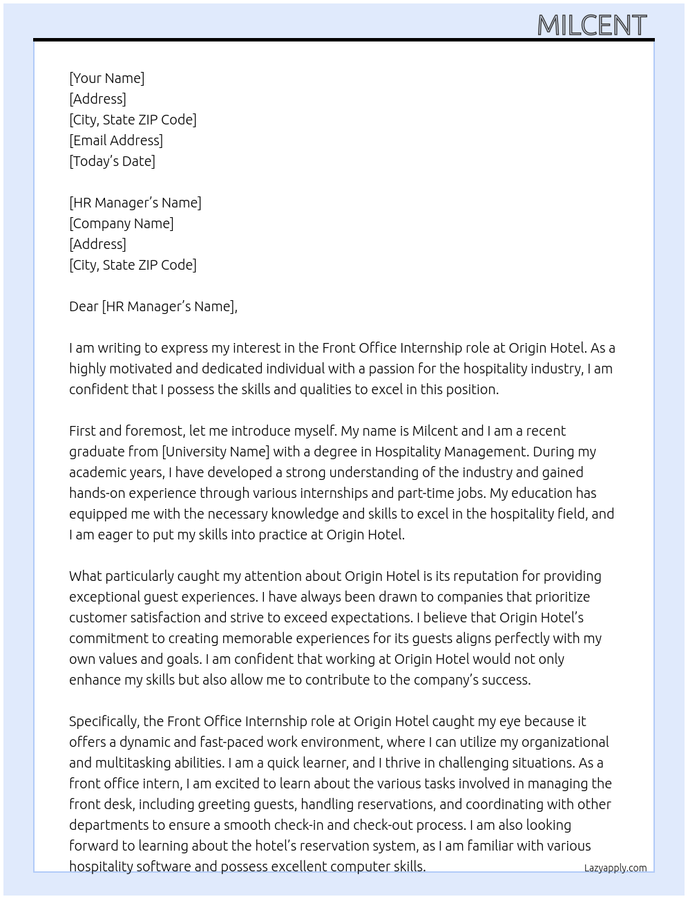 front office  At origin hotel Cover Letter