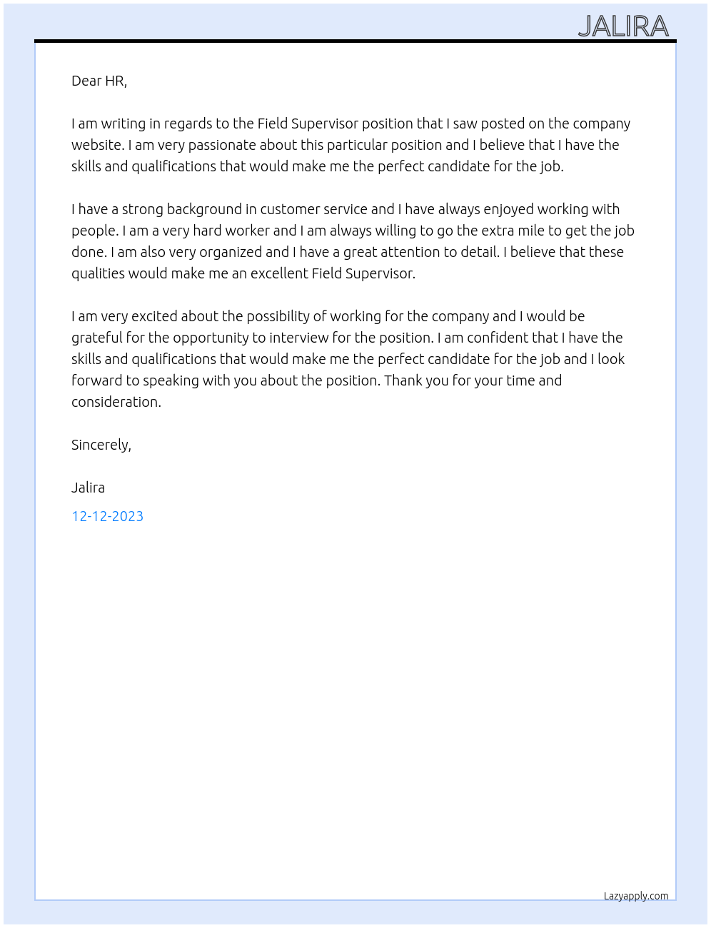 field supervisor At unbs Cover Letter