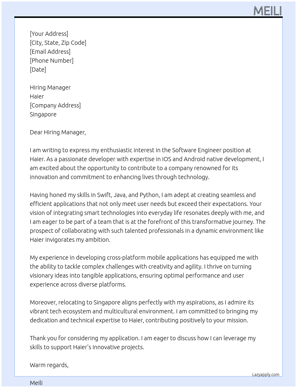 Software Engineer At Haier Cover Letter