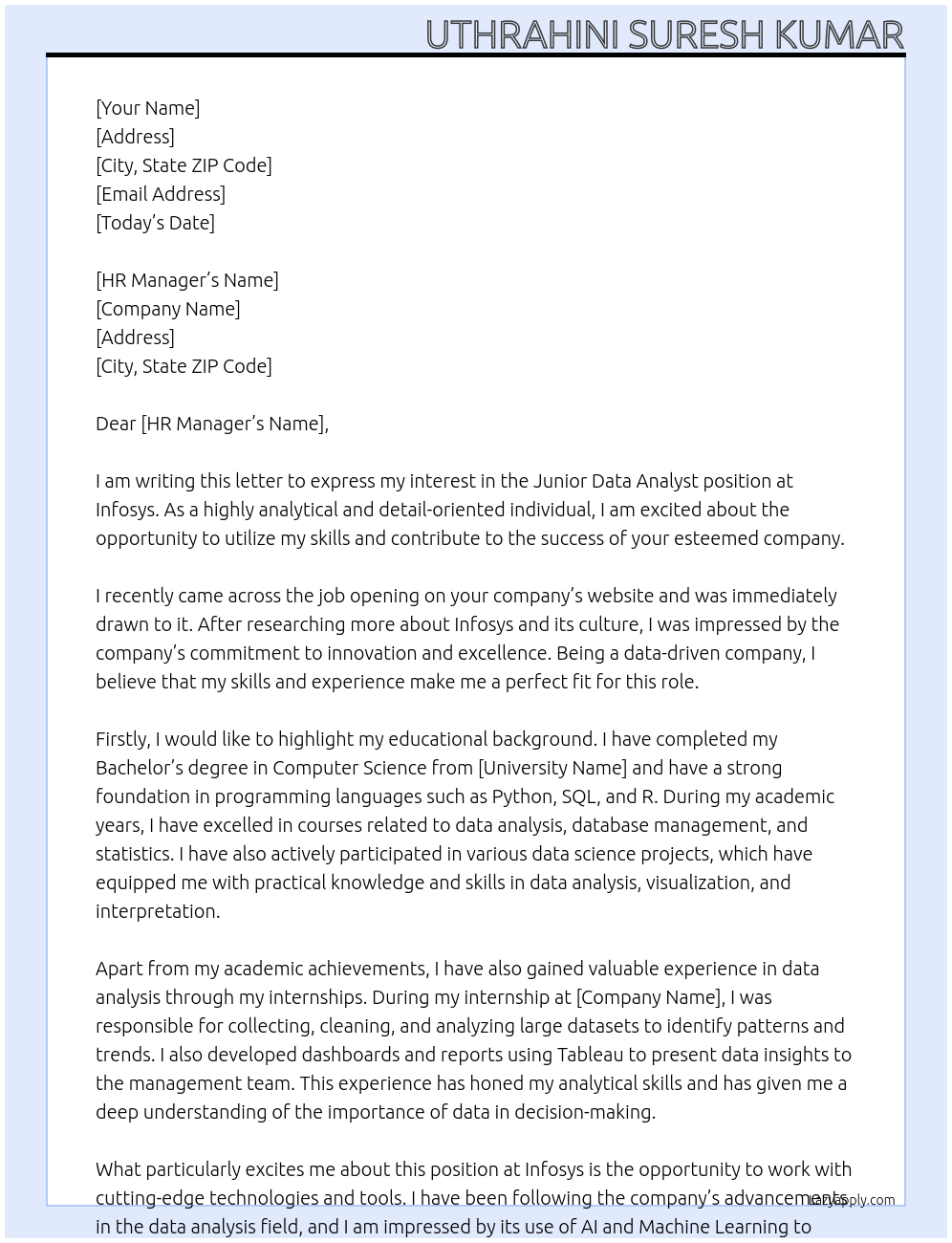 Junior Data Analyst At Infosys Cover Letter