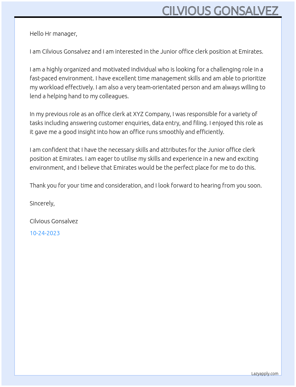 Junior office clerk  At Emirates  Cover Letter