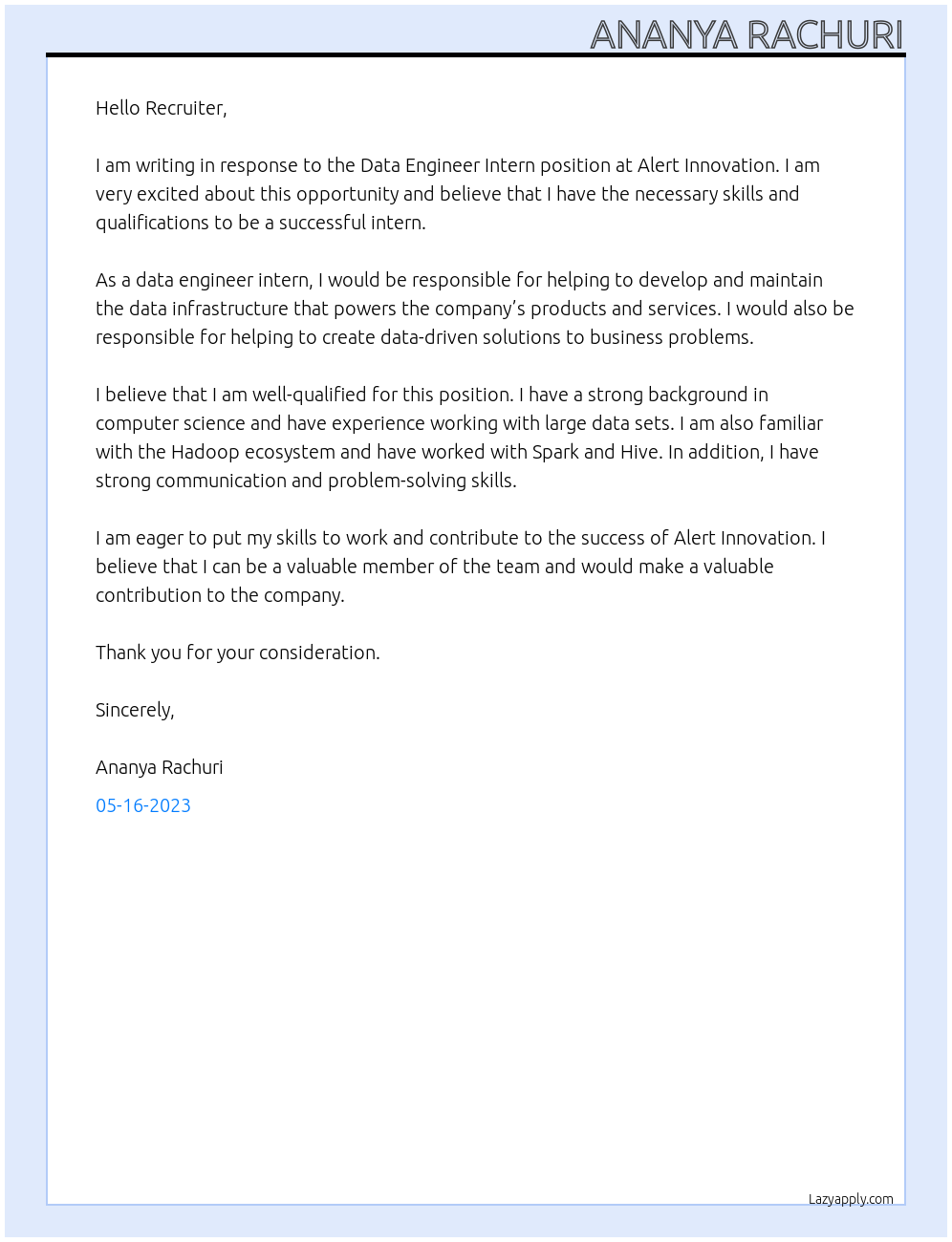 Data Engineer Intern At Alert Innovation Cover Letter