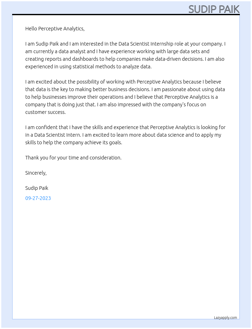 Data Scientist At Perceptive Analytics Cover Letter