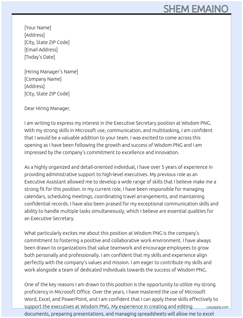 Executive Secretary  At Wisdom PNG Cover Letter