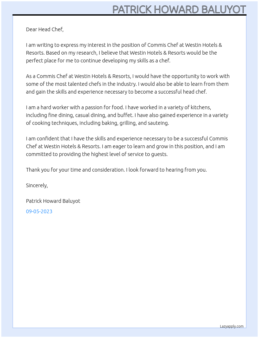 Commis Chef At Westin Hotels & Resorts Cover Letter