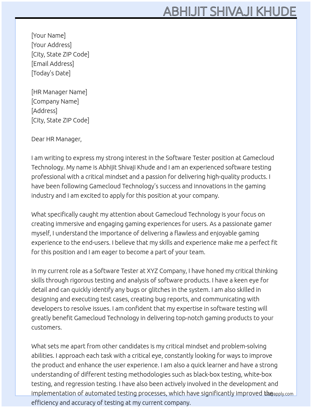 software tester At gamecloud technology Cover Letter