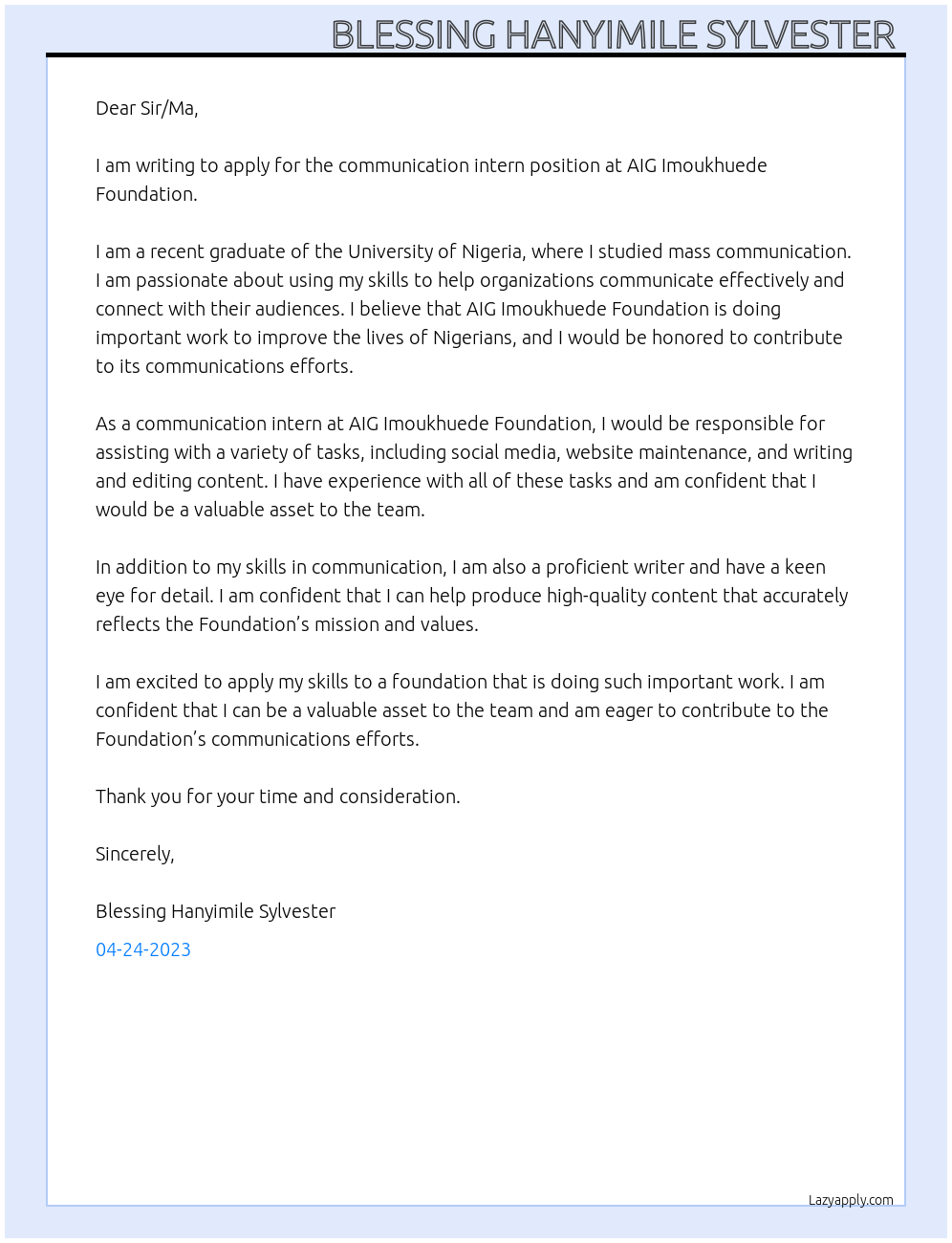 Communication intern At AIG Imoukhuede Foundation Cover Letter