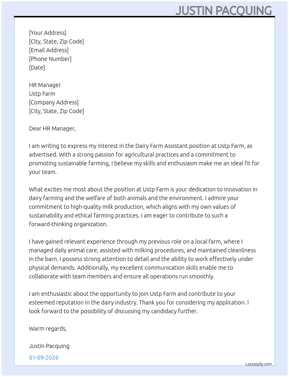 Dairy farm assistant  At Ustp farm Cover Letter