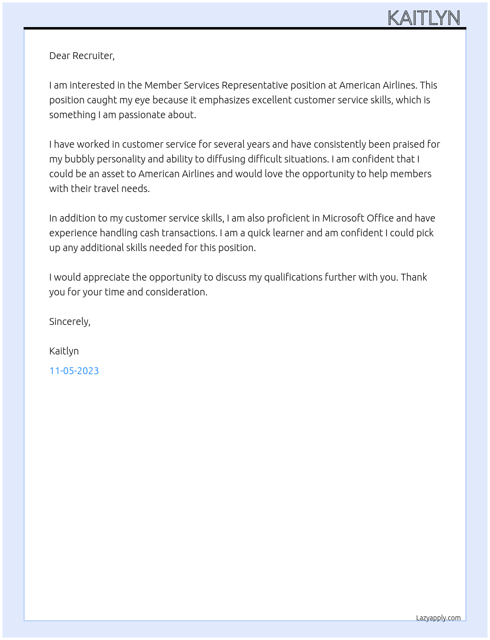 Member Services Representative At American Airlines Cover Letter