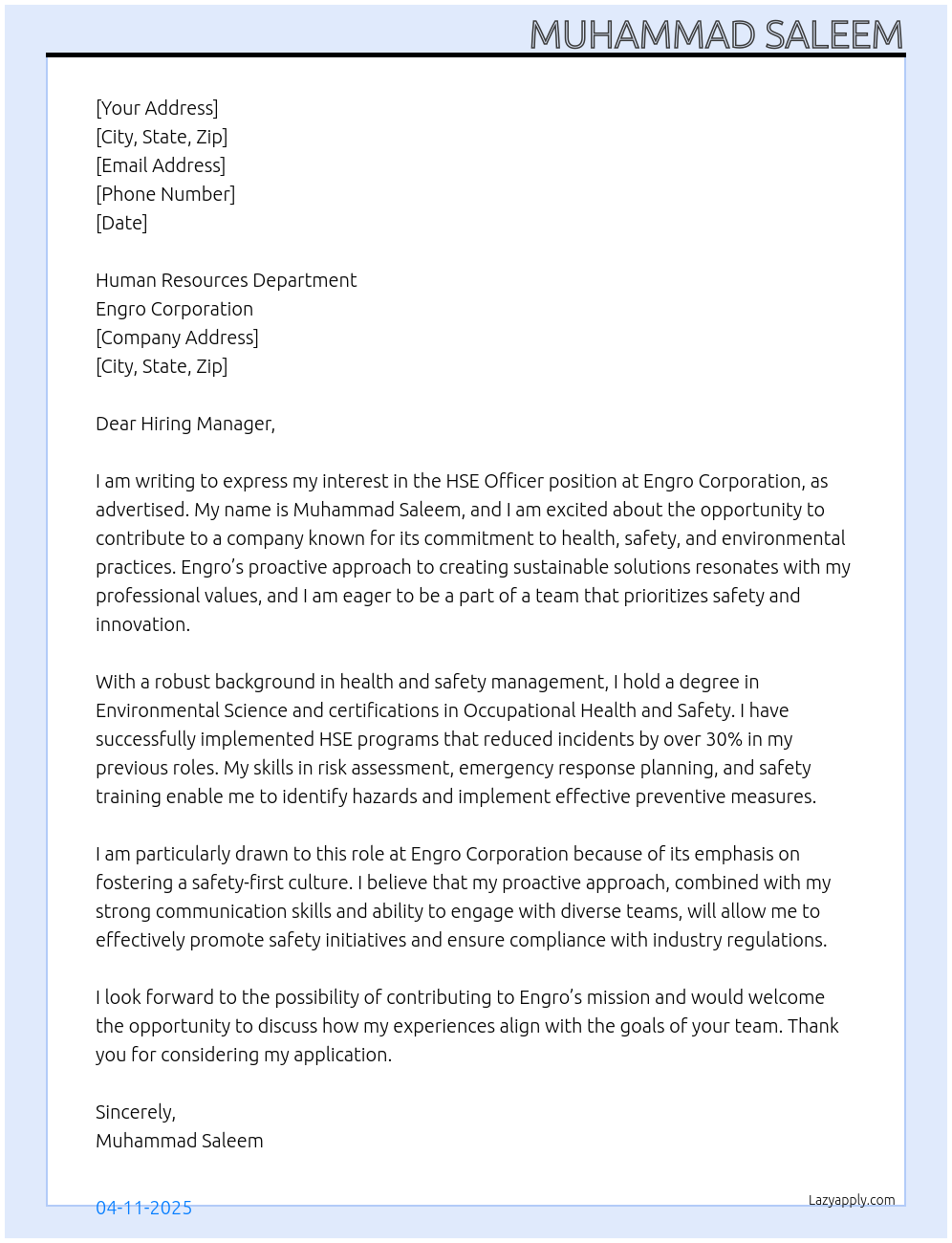 HSE OFFICER At Engro Corporation Cover Letter