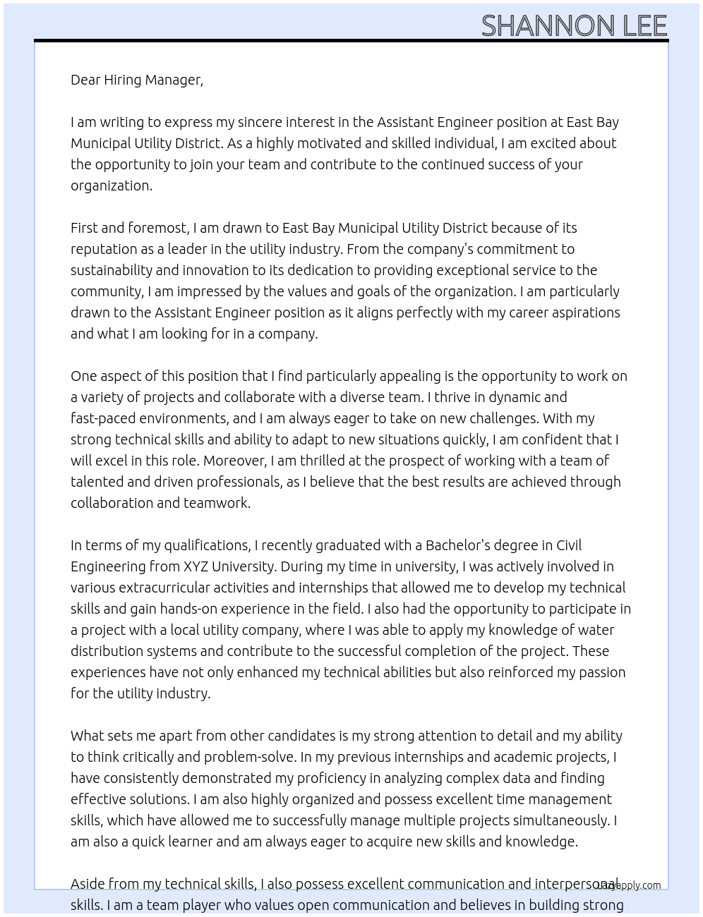 Assistant engineer At East Bay Municipal Utility District Cover Letter