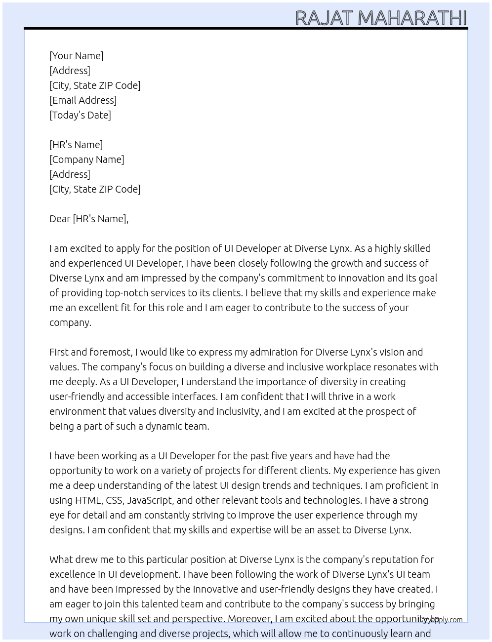 UI developer At Diverse Lynx Cover Letter