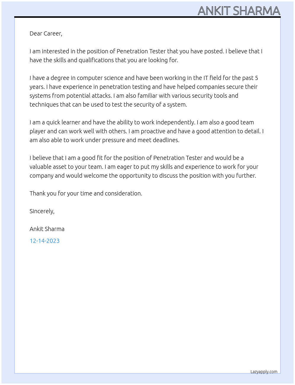 Penetration Tester At Career Cover Letter