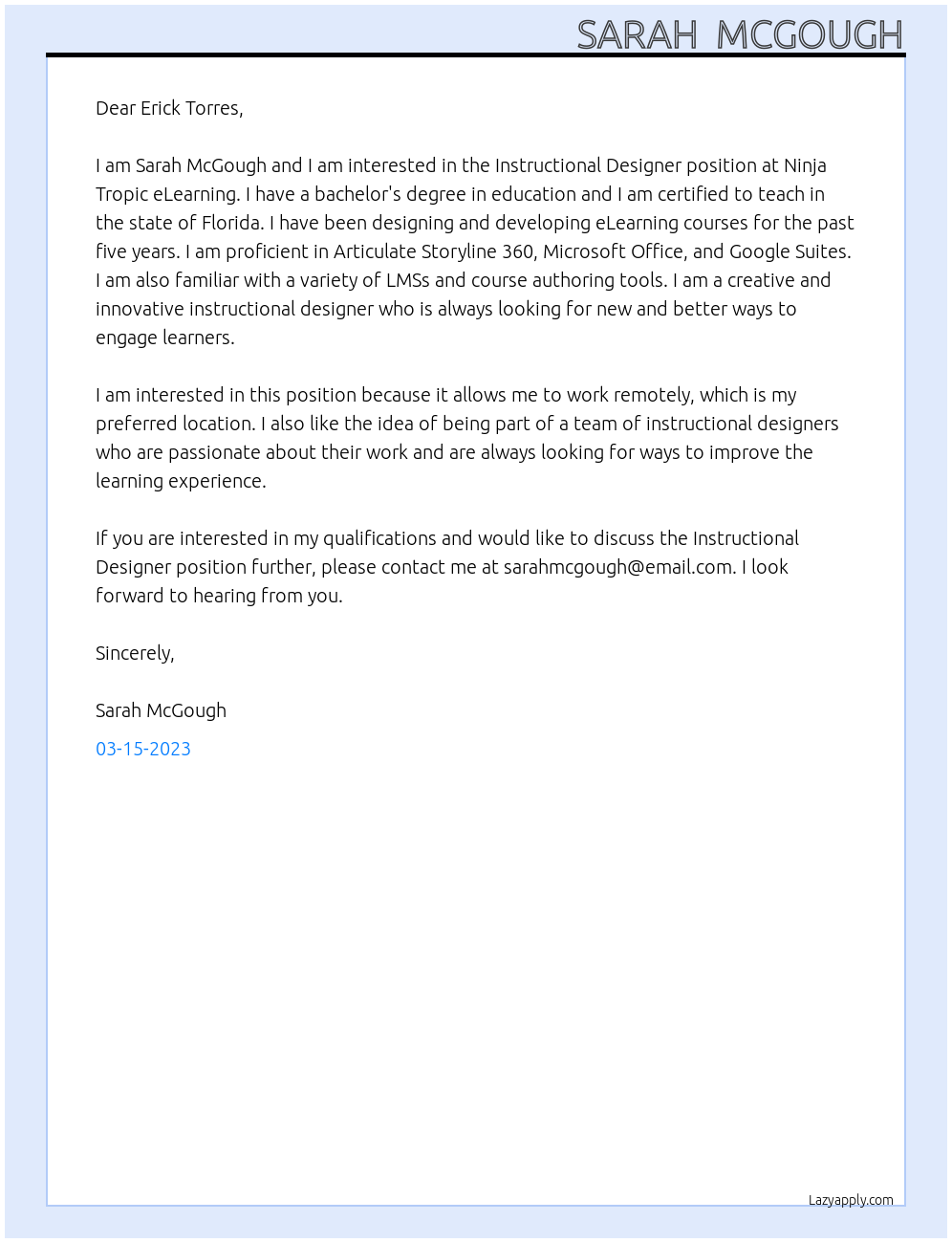 Instructional Designer At Ninja Tropic eLearning Cover Letter