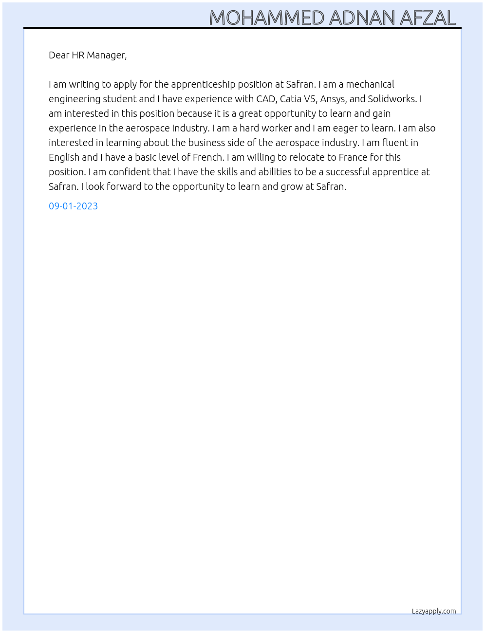 Apprenticeship At Safran Cover Letter