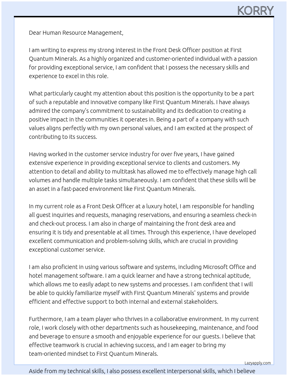 Front desk officer At First quantum minerals Cover Letter